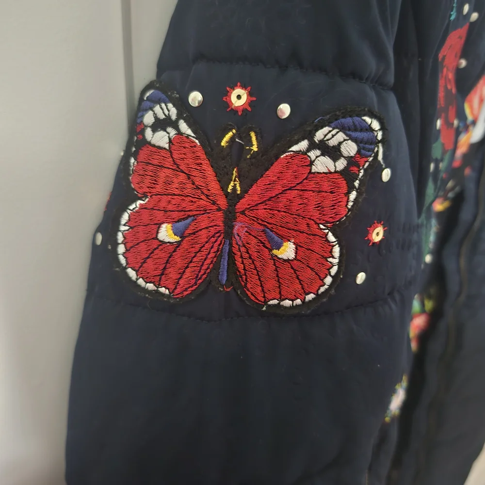 Desigual Navy Puffer Jacket with Red Rose Embroidery - Picture 9 of 11